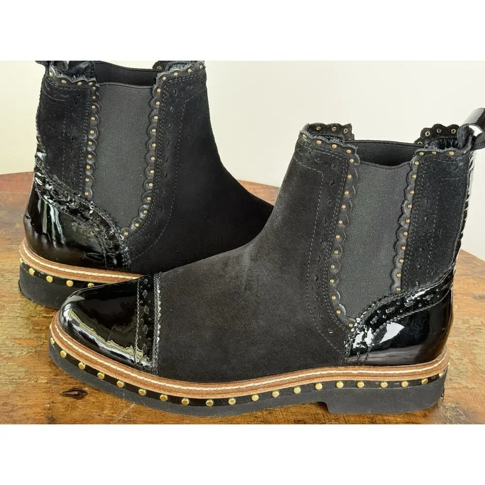 Free People Black Suede Chelsea Ankle Boots Patent Cap Toe Studded EU 38 US 7.5